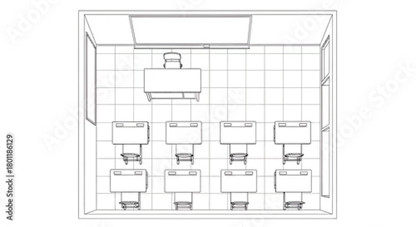 Fototapeta Classroom layout with desks and teachers desk arrangement.