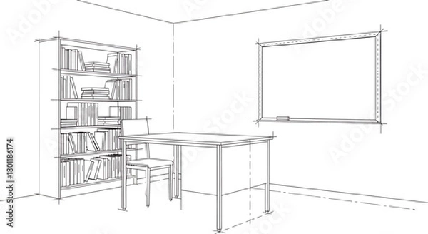 Fototapeta Classroom or office setup with desk chair bookshelf and whiteboard.