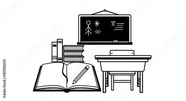 Fototapeta Classroom Scene with Books, Blackboard, and Desk Illustration.