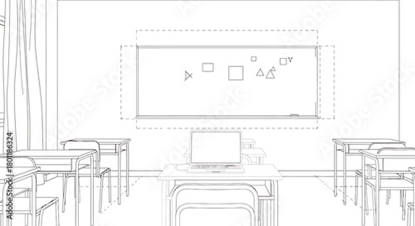 Fototapeta Classroom scene with desks and whiteboard sketch.