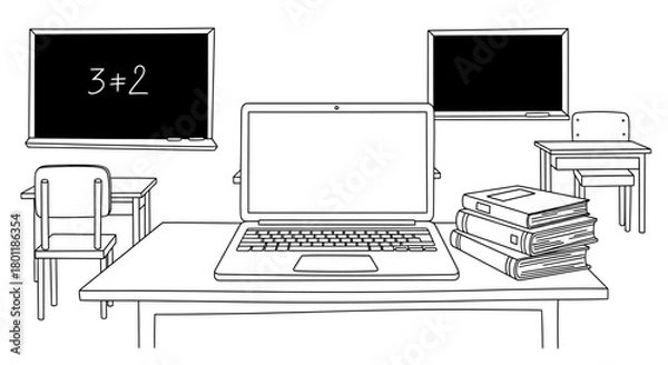 Fototapeta Classroom Scene with Laptop and Books - An Educational Illustration.
