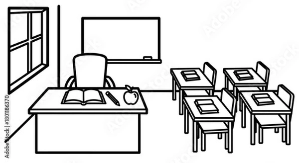 Fototapeta Classroom scene with teachers desk and student desks.
