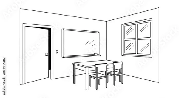 Fototapeta Classroom setting with desk chairs whiteboard and window.