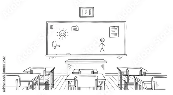 Fototapeta Classroom Sketch - Desks, Blackboard, and Simple Stick Figure Illustration.