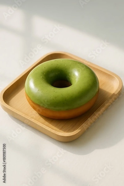 Obraz Minimalist matcha-glazed donut on a bamboo tray with soft natural light, pastel tones, airy composition, and clean organic surface detail.
