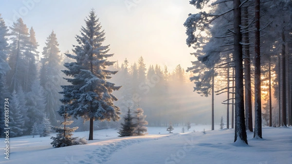 Obraz Magical Morning Sunlight in Snowy Pine Forest with Sunrays and Footprints