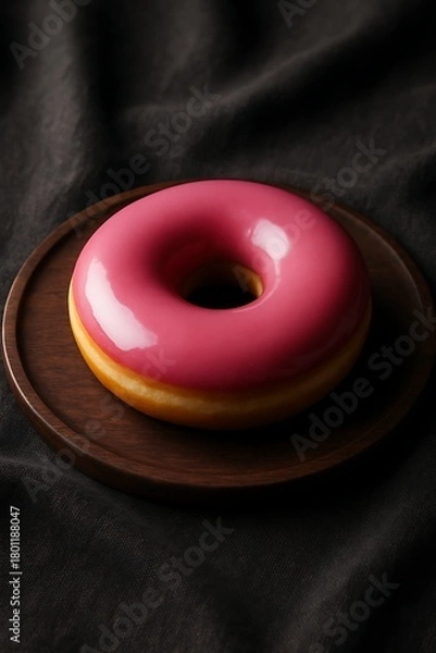 Obraz Glossy pink-frosted donut on a wooden board over a charcoal fabric backdrop, soft studio lighting, ultra-clean texture depth, and a modern moody style