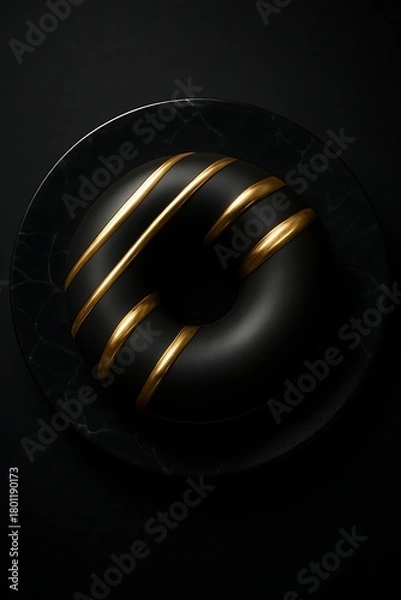Fototapeta Matte-black donut with glossy gold drizzle on a black marble plate, captured with soft top-down lighting, deep contrast, and premium luxury detail.
