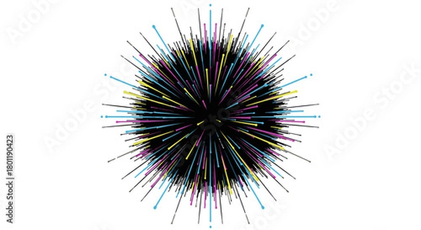 Fototapeta A vibrant abstract explosion of colorful CMYK lines radiates outwards from a dark central core, symbolizing energy, data, and dynamic motion.