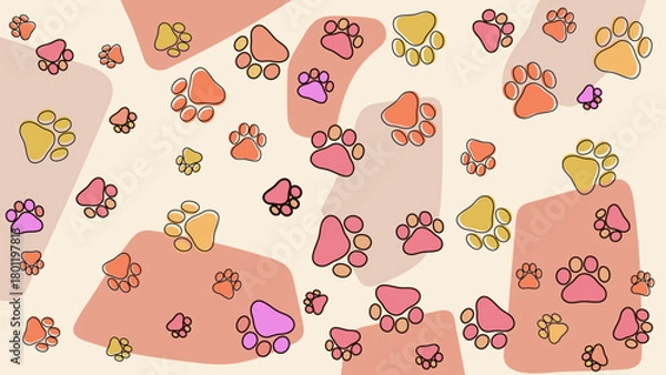 Fototapeta Vibrant background of multicolored cat paw prints scattered over an abstract cream background. Energetic and fun pattern perfect for pet product branding, cat care ads, or creative motion