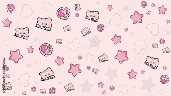 Fototapeta Playful background of smiling cat faces with star, dash love on a light pink backdrop. Bright and happy pattern background ideal for cat lover content, pet shop intros, or cheerful digital
