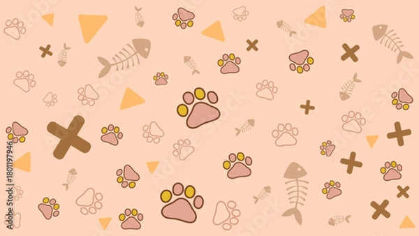 Fototapeta Vibrant background abstract of cat paw prints scattered over an abstract cream background. Energetic and fun pattern background perfect for pet product branding, cat care ads, or creative project