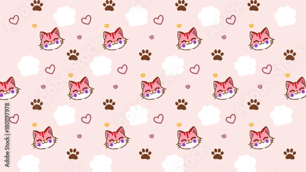 Fototapeta Minimal pastel pink background with cute cat faces, paw prints, and heart icons. Soft pattern perfect for pet related branding, cat care ads, or minimalist background design.