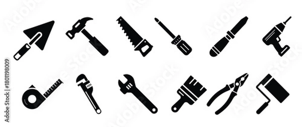 Fototapeta hand tool icons set solid black minimal silhouettes .