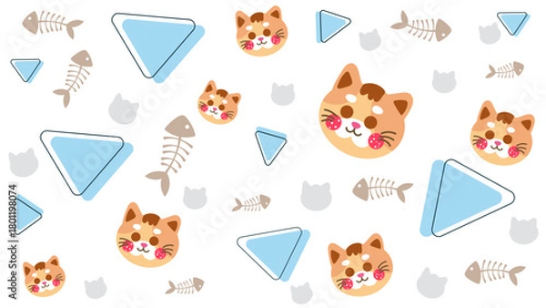 Fototapeta Bright white background pattern with cartoon cat faces, blue geometric shapes, and fishbone details. Modern and clean background pattern ideal for pet shop, cat food branding, or animal care