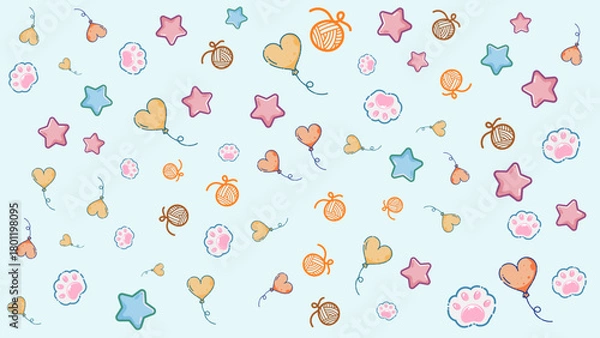 Fototapeta Pastel blue background pattern featuring cute cat faces, yarn balls, stars, hearts ballons, and paw icons. Light, fun, and dreamy design suitable for pet product promotions, cat petshop visuals