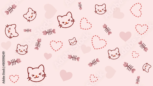 Fototapeta Minimal pink cat pattern with fish bones and hearts background. Perfect background for love themed pet products or romantic cat illustrations.