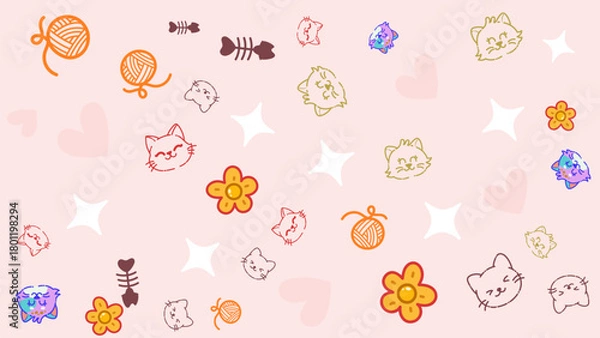 Fototapeta Playful line art cats and flowers with pink pastel shining background. Minimal and warm pattern ideal for cat brand promotions or cute pet shop visual identities.