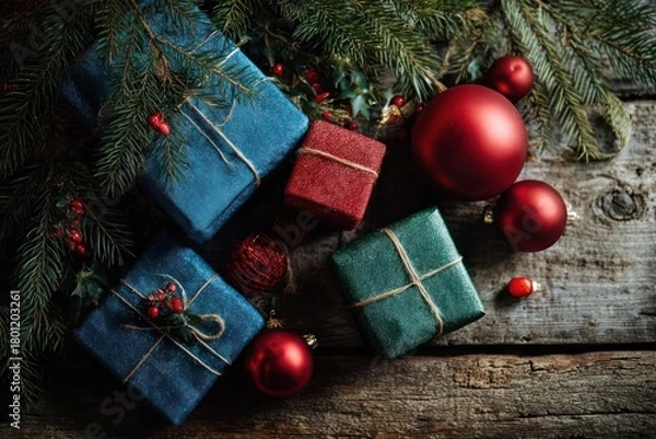 Fototapeta Overhead view of festive christmas presents wrapped in blue and green paper with red ribbon tied on rustic wooden background