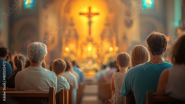 Fototapeta People gathered in a church hall for a service, with a Catholic cross and stained glass windows softly illuminated in the background