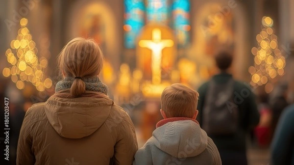 Fototapeta People gathered in a church hall for a service, with a Catholic cross and stained glass windows softly illuminated in the background