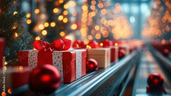Fototapeta Gift boxes wrapped in vibrant paper and topped with ribbons glide along a conveyor belt, surrounded by sparkling lights that enhance the holiday mood.