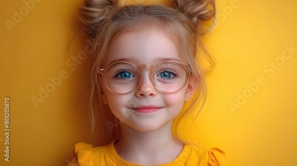 Fototapeta The child, with curly hair and playful glasses, beams with joy on a vibrant yellow backdrop, creating a lively and cheerful atmosphere.