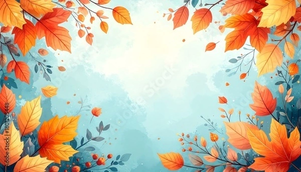 Obraz Autumnal Watercolor Landscape with Vibrant Leaves and Soft Hues.