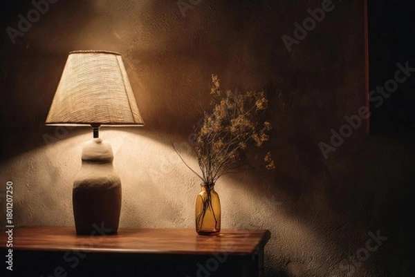 Fototapeta Warm ambient light from a bedside lamp illuminates a small vase with dried flowers on a wooden table