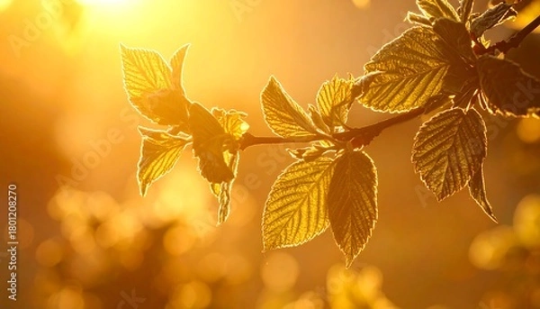 Obraz Golden Hours Embrace - A Branch Bathed in Sunlights Warmth.