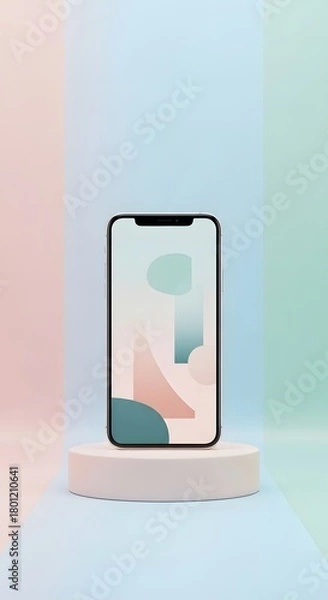 Fototapeta Modern smartphone with a sleek design displayed on a minimalist pedestal against a pastel-colored background, emphasizing technology and innovation in mobile devices