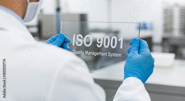 Obraz Transparent glass sign with ISO 9001 Quality Management System text held by a quality engineer in full PPE inside a modern food processing area