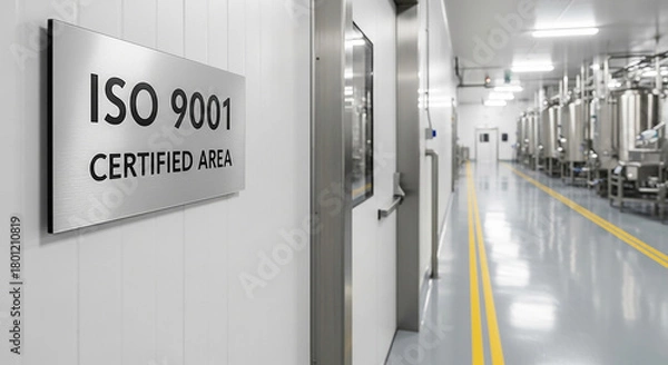 Obraz Brushed metallic sign for ISO 9001 Certified Area in an immaculate food processing plant corridor, showcasing high hygiene standards, cleanroom design, and strict process control