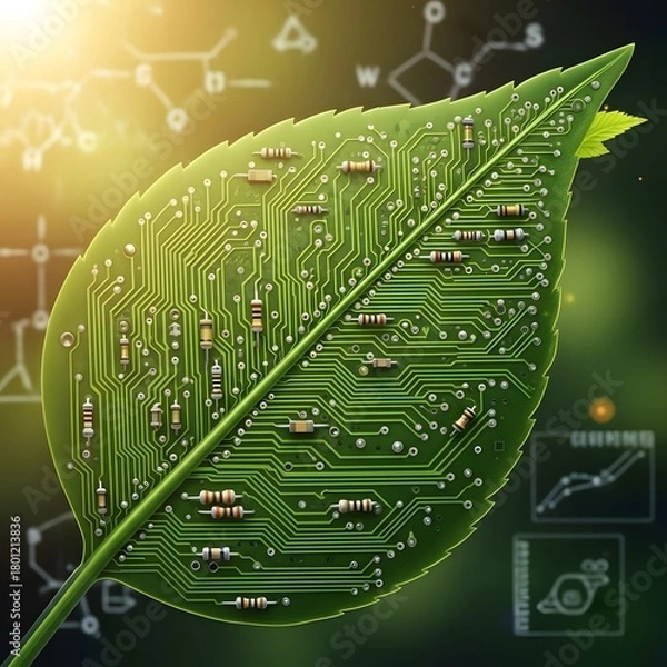 Obraz Close-up of a green leaf with a detailed electronic circuit pattern overlay, symbolizing the integration of nature and technology for sustainable innovation