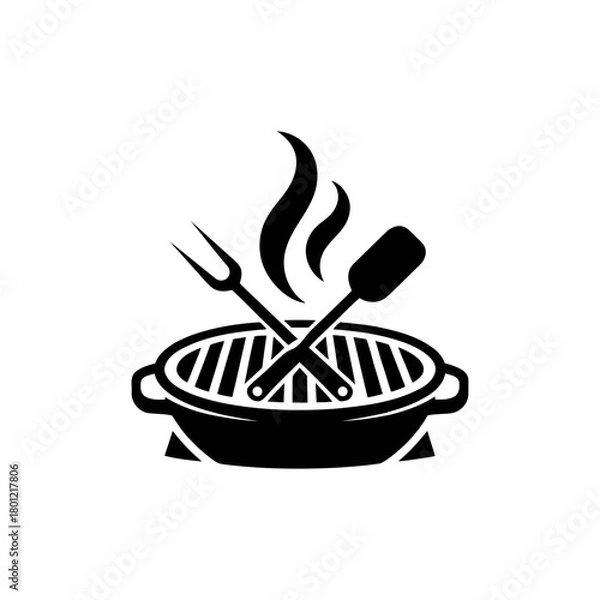 Obraz Barbecue grill icon with fork, spatula, and flames.