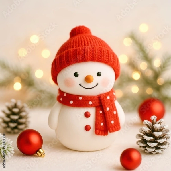Obraz A snowman with a red hat and scarf is smiling