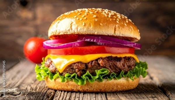 Obraz Delicious Cheeseburger with Fresh Toppings on a Rustic Wooden Surface.