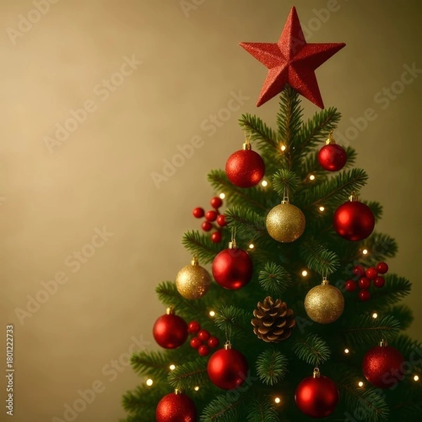 Fototapeta A Christmas tree with a star on top and many red and gold ornaments