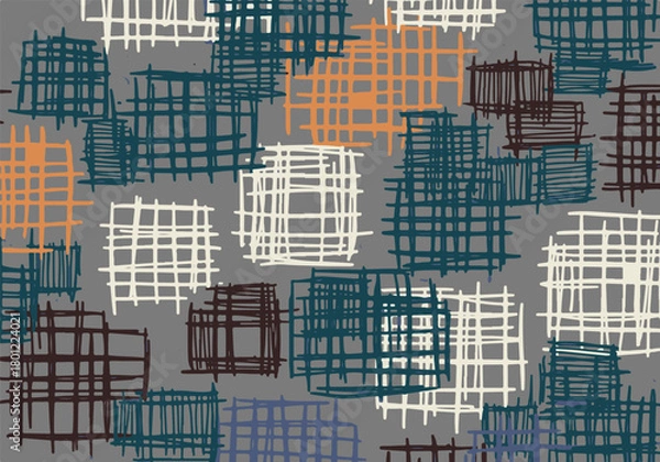Fototapeta Modern abstract seamless textile pattern with irregular hand-drawn cross-hatch rectangles on grey background