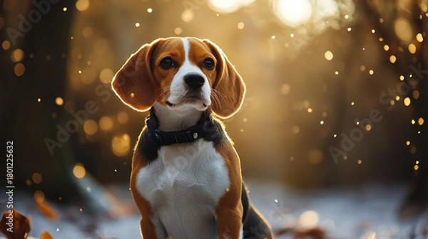Fototapeta Enchanting Beagle dog portrait bathed in golden bokeh sunlight and falling dust particles