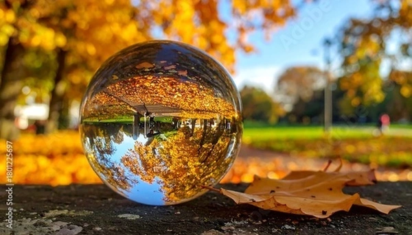 Fototapeta Autumnal Reflections - A Lensball Capturing the Essence of Fall.