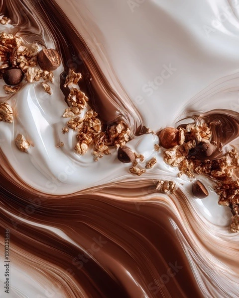 Obraz Abstract White and Brown Swirl Background with Chocolate and Golden Glitter Accents Shiny Reflective Surfaces Fluid Motion and Contrasting Textures