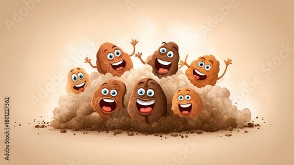 Obraz Animated Potatoes Cheerful Cartoon Food Characters on Neutral Beige Background