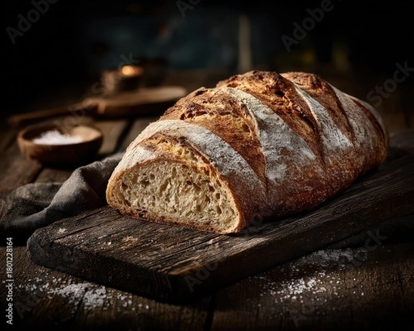 Obraz Artisan Bread Loaf Displayed on a Rustic Wooden Board with Textured Linen and Salt