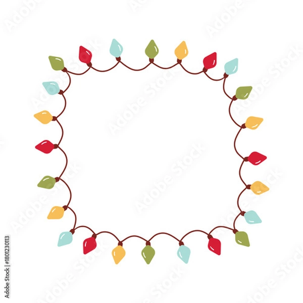 Fototapeta Vector Retro Colorful Holiday Christmas and New Year Intertwined String Lights Square Frame on White Background. Winter Holiday Circular Decorative Element Perfect for Invitations, Postcards