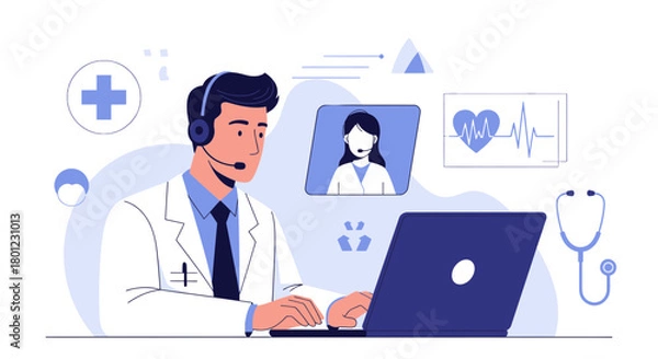 Fototapeta Telemedicine Consultation Depicted With Doctor Using Laptop for Healthcare
