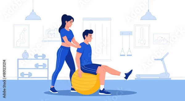 Fototapeta Woman Assisting Man With Core Exercise On Stability Ball For Workout Session