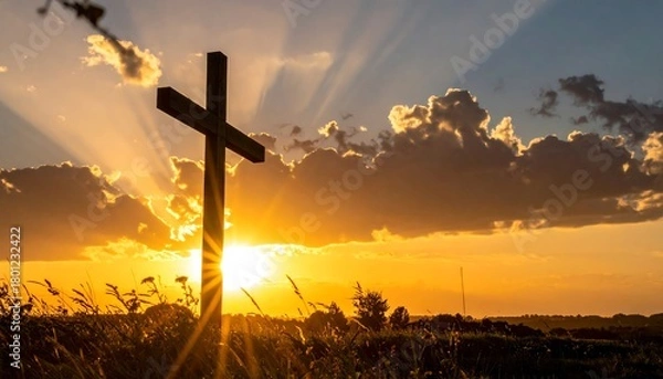 Obraz Cross Silhouette at Sunset - A Symbol of Faith and Hope.