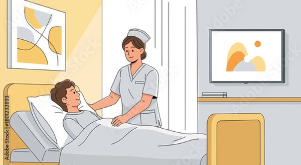 Fototapeta Caring Nurse Comforts Patient In Hospital Room And Offers Medical Attentions