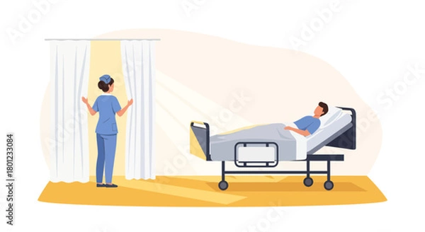 Fototapeta Caring Nurse Opens Curtains For Patient In Recovery And Hospital Setting
